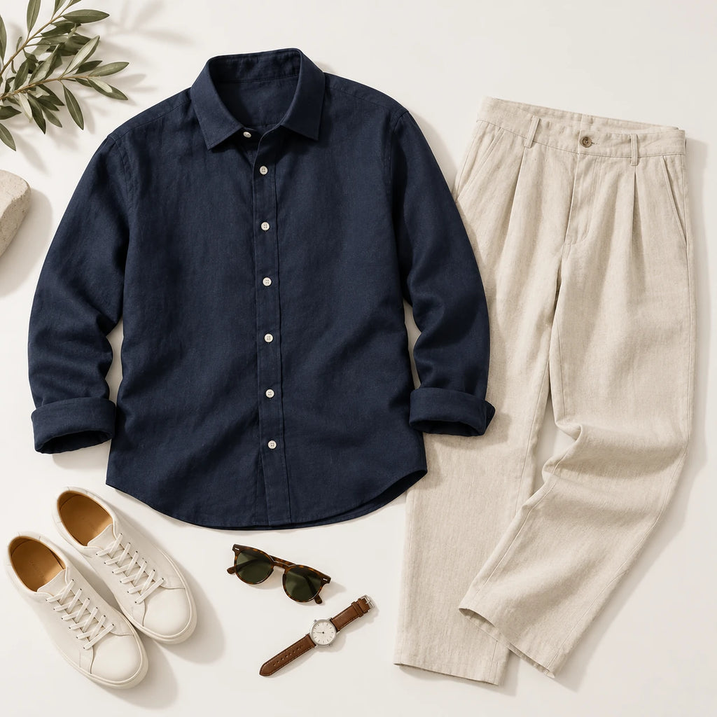 100% European Linen Men's Blue Shirt